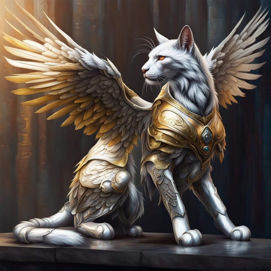 Armored Mystical Cat with Wings: Hyperrealistic Portrait