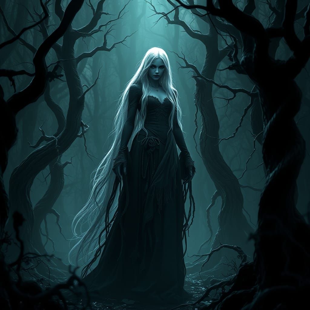 Ethereal Ghost Emerges from Dark Forest: Gothic Horror