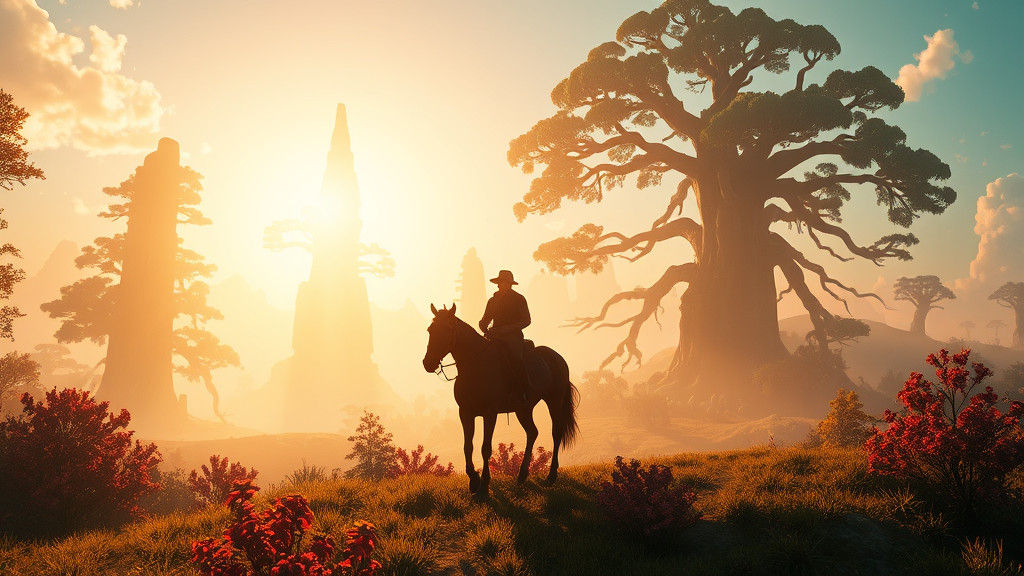 Horse Rider in Mystical Landscape, Fantasy Concept Art