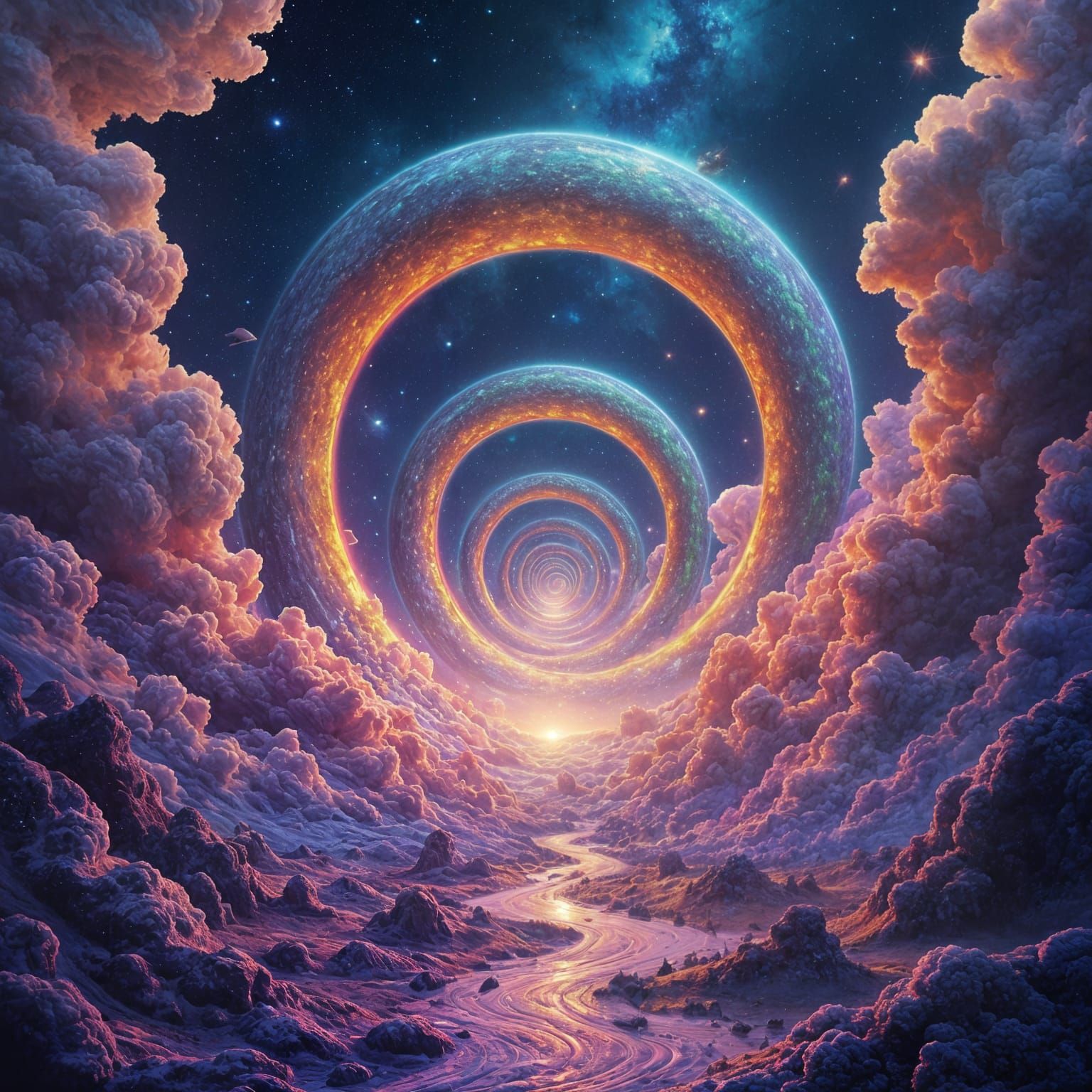 Galactic Triple Spiral in Vibrant, Alien-Inspired Colors