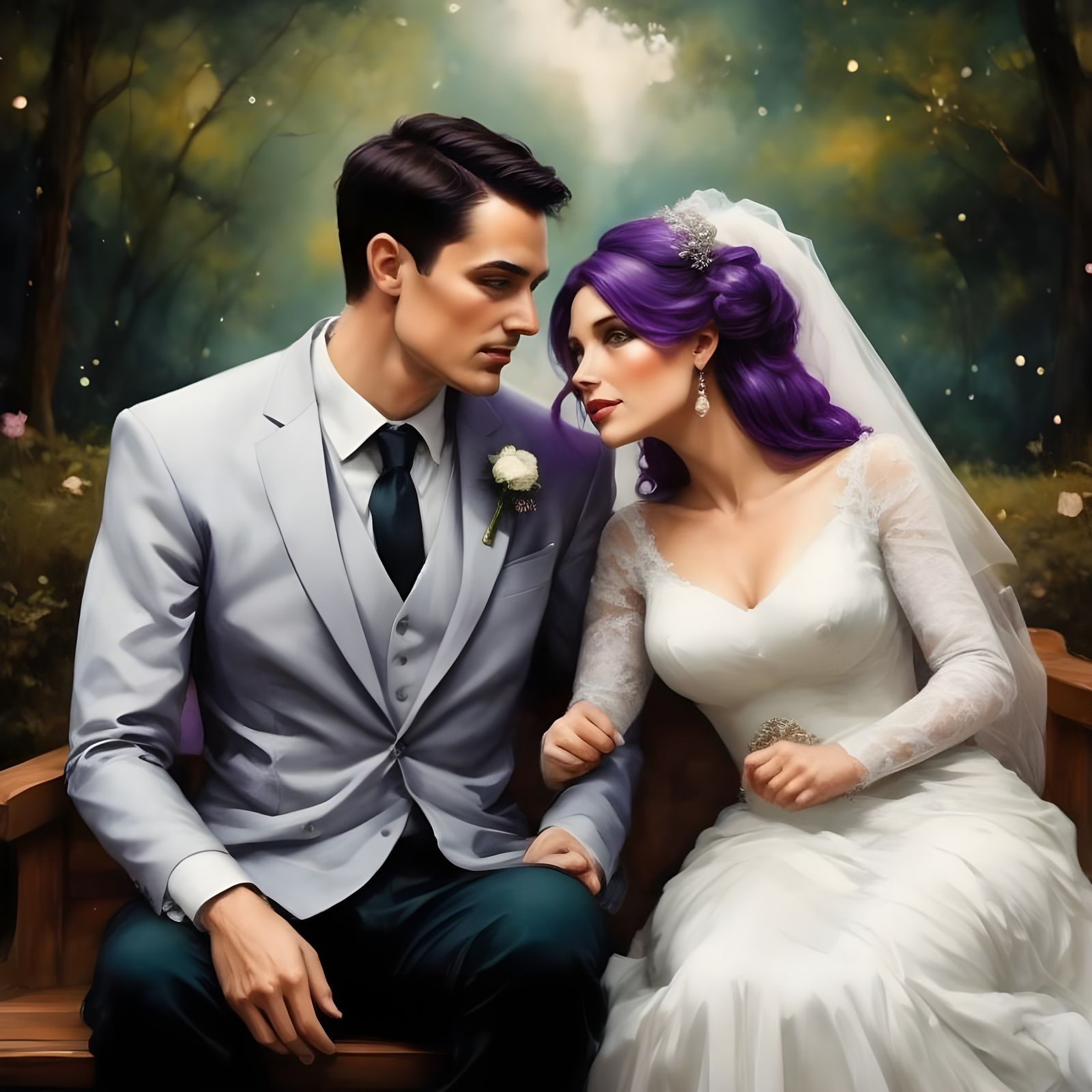 Purple-Haired Couple's Wedding in Alcohol Ink Style