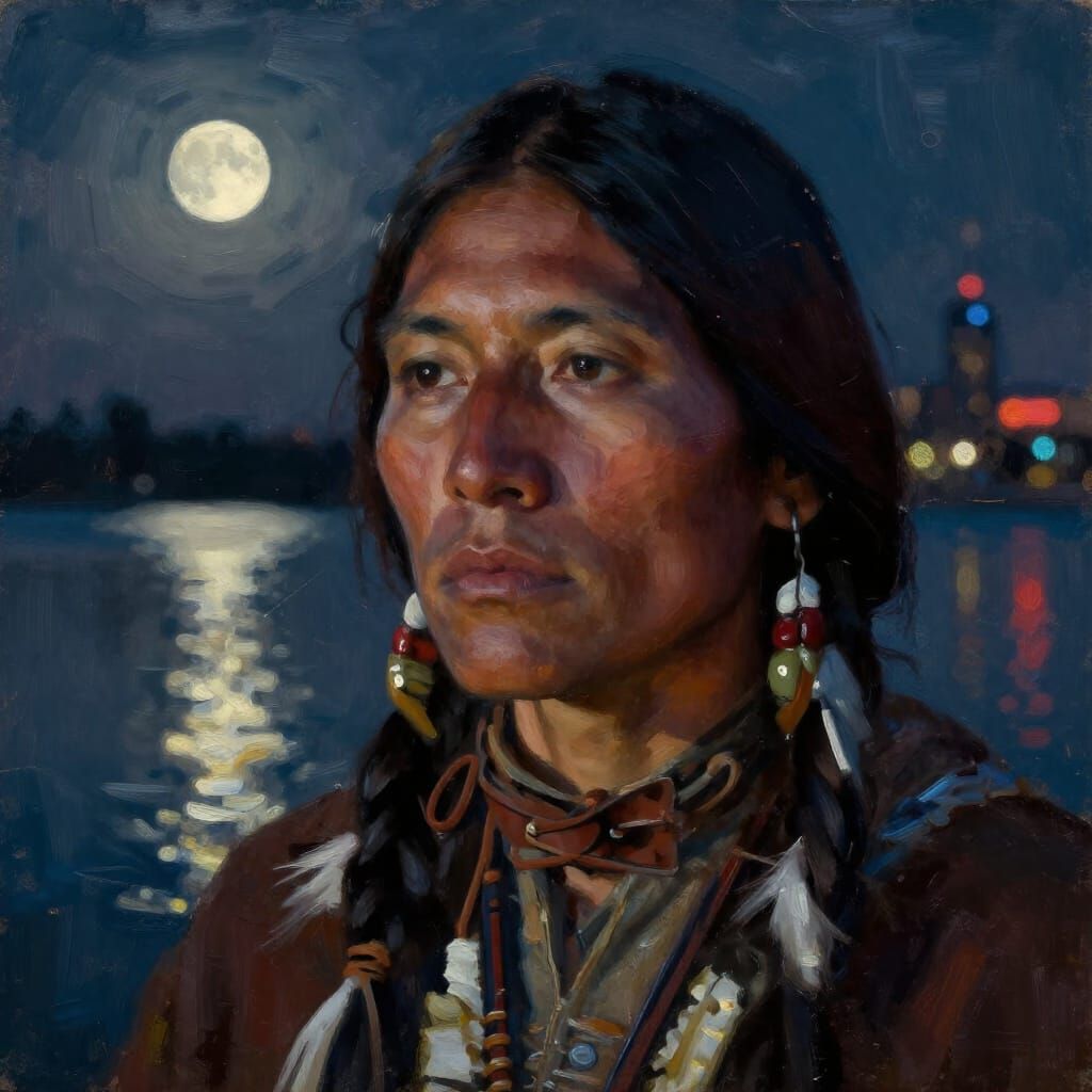 Native American Portrait Under Moonlight and Neon Glow