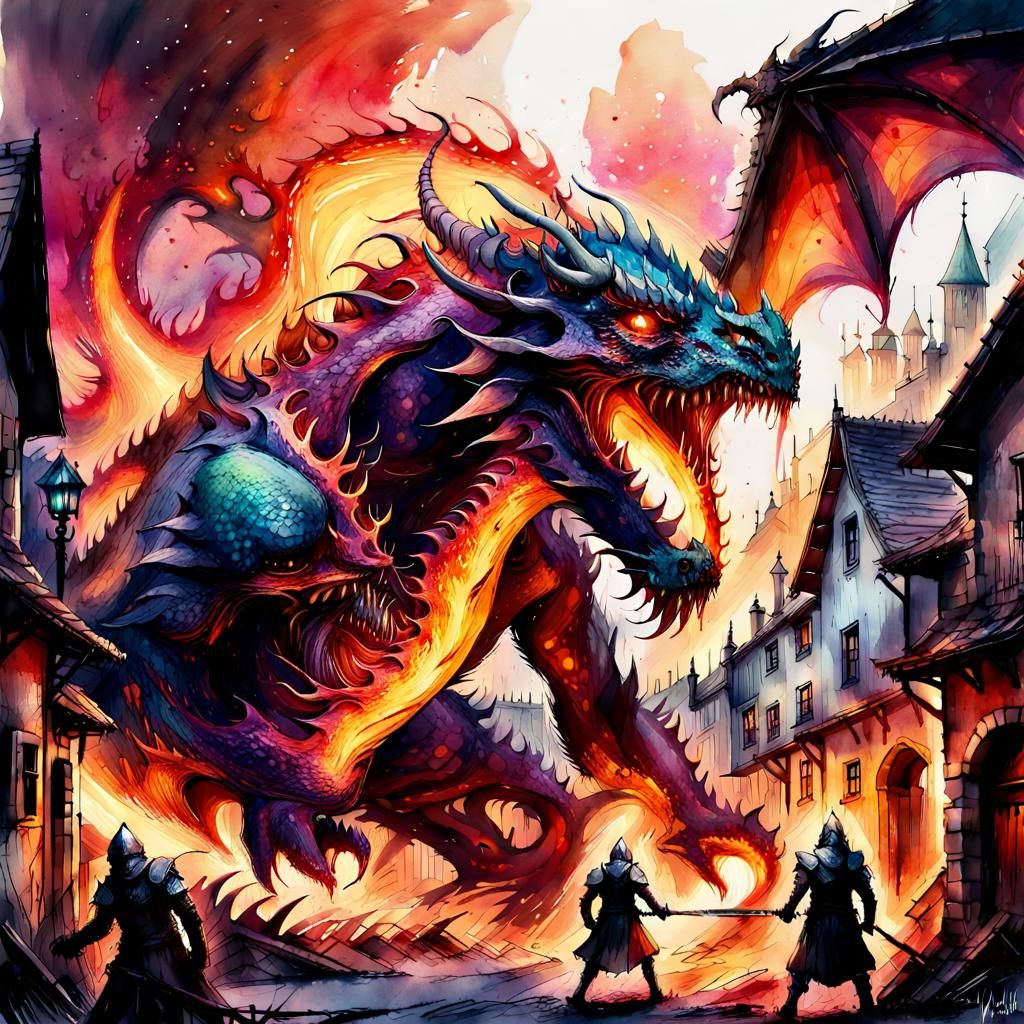 Epic Dragon Attack in Digital Watercolor Illustration