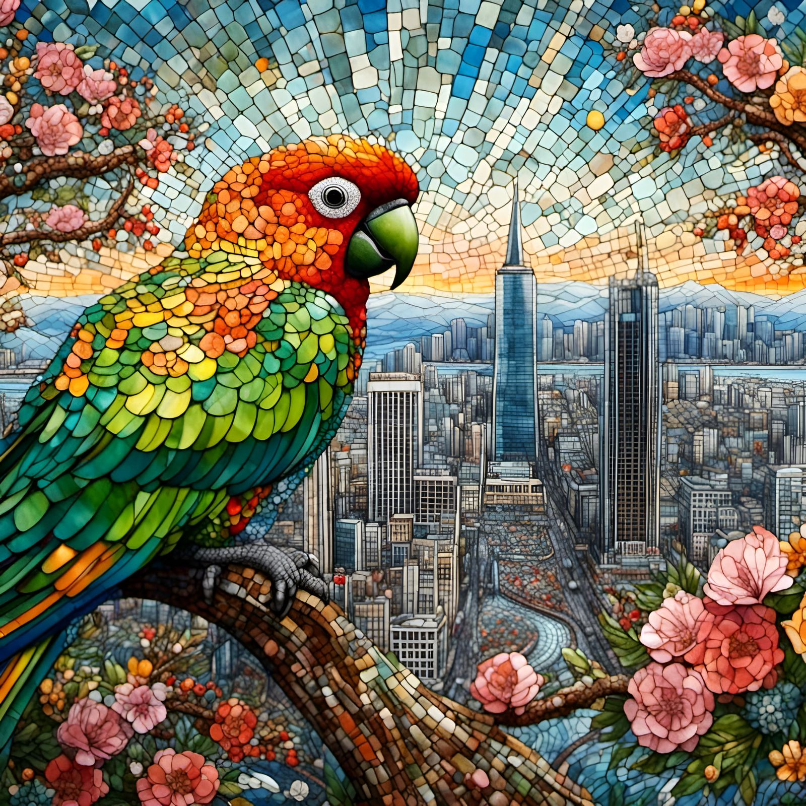 Mosaic of Cherry-Headed Conures with San Francisco Skyline