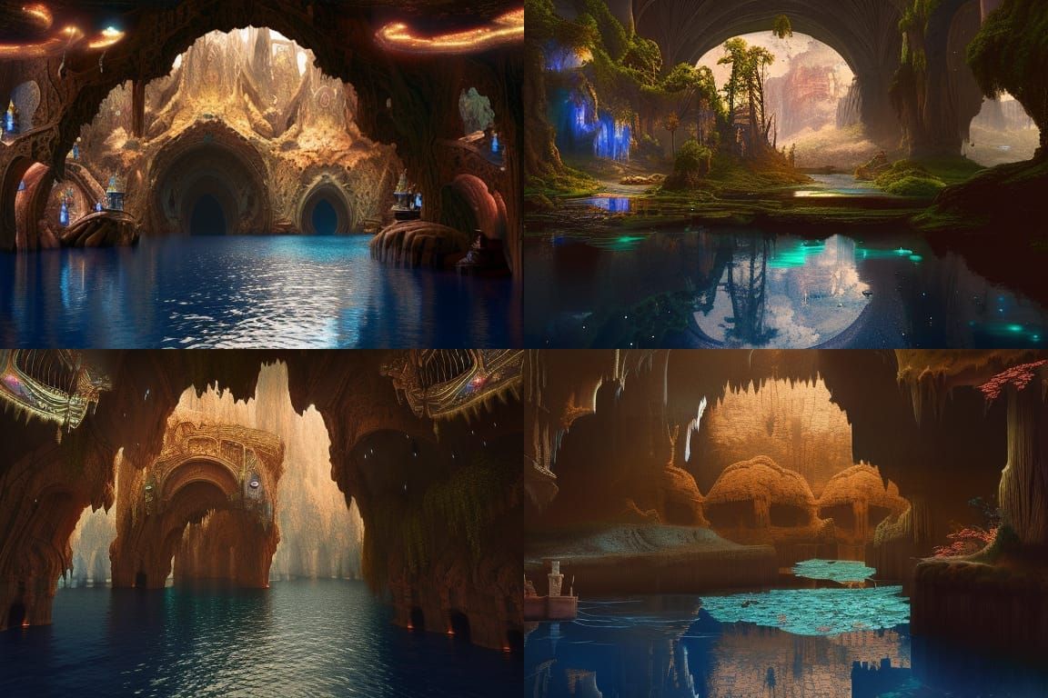 Blue Lit Caves with Lake: Digital Matte Painting