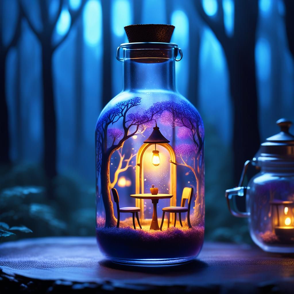 Intricate Cafe Inside a Glowing Glass Bottle