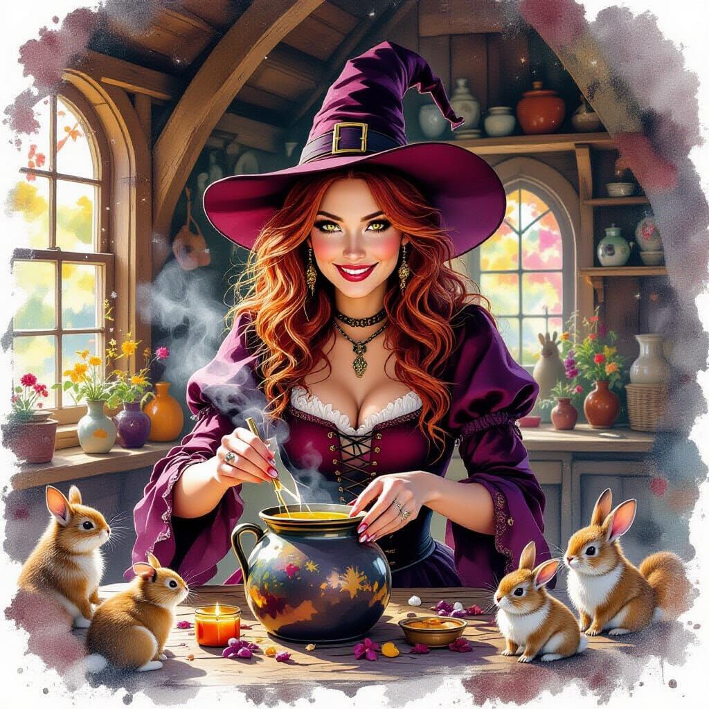 Autumn Witch Brewing Potions in Cozy Cottage