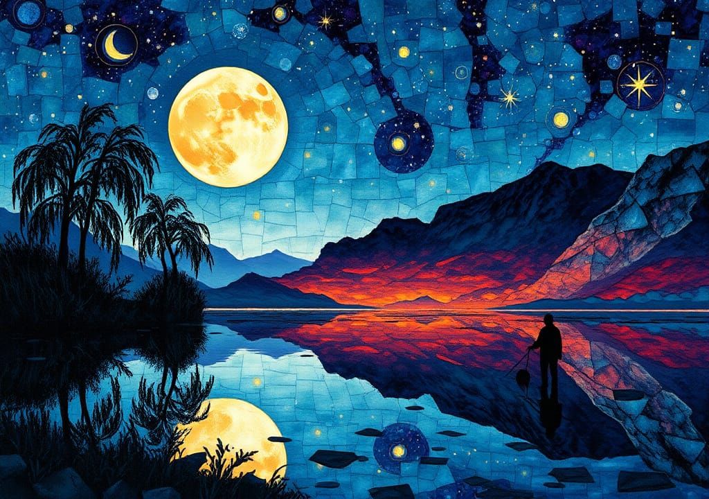 Abstract Lakeside Fisherman in Stained Glass Mosaic