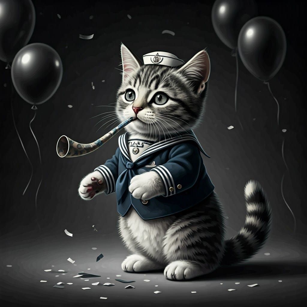 Whimsical Tabby Kitten Celebrates New Year in Vintage Sailor...