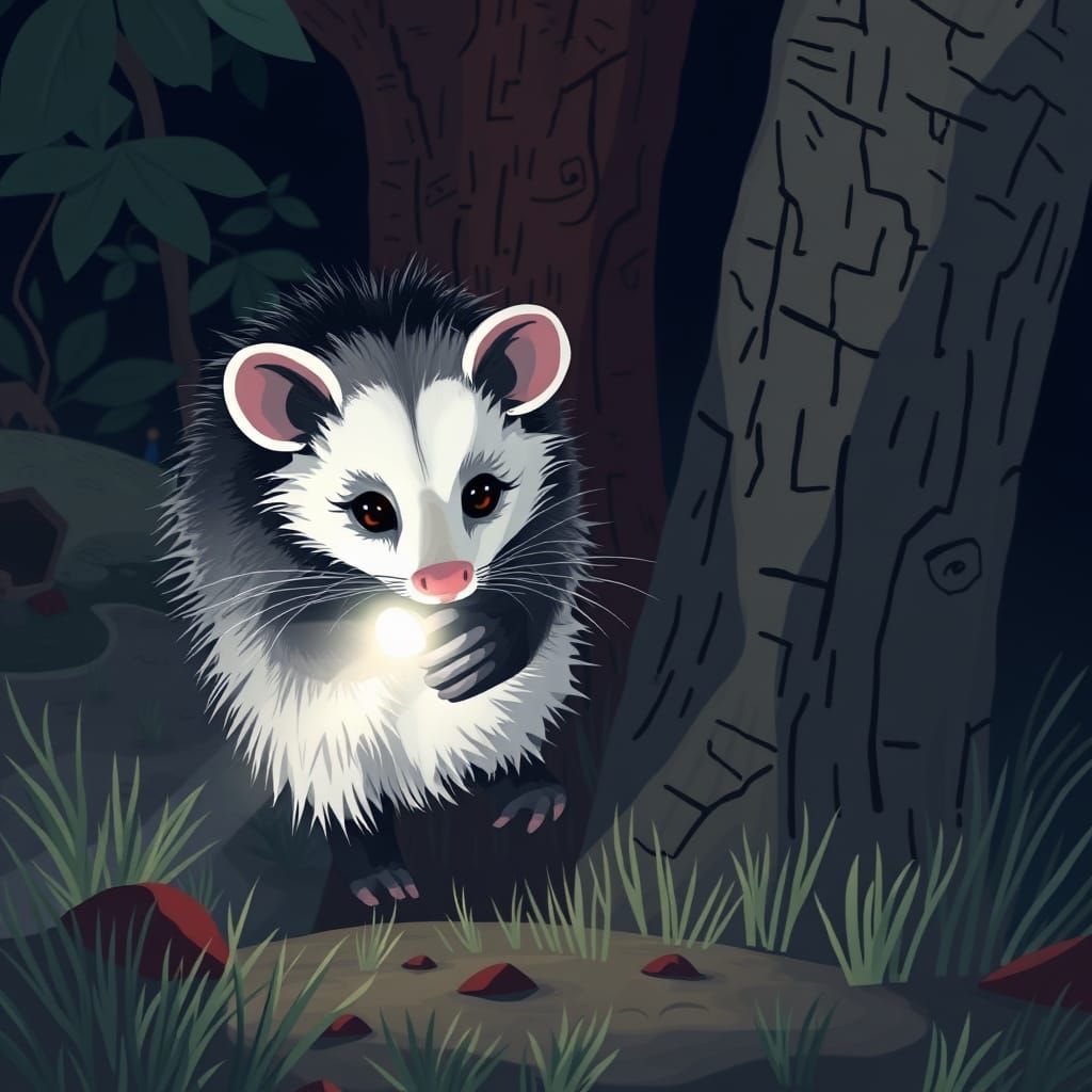 Timid Opossum Flees to the Red Tree in Fear
