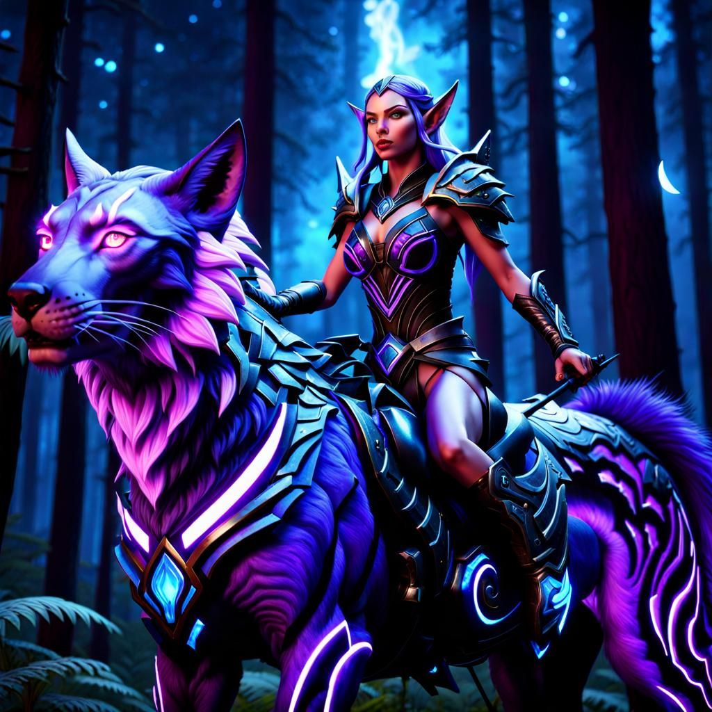 Night Elf on Radiant Creature in Bioluminescent Forest