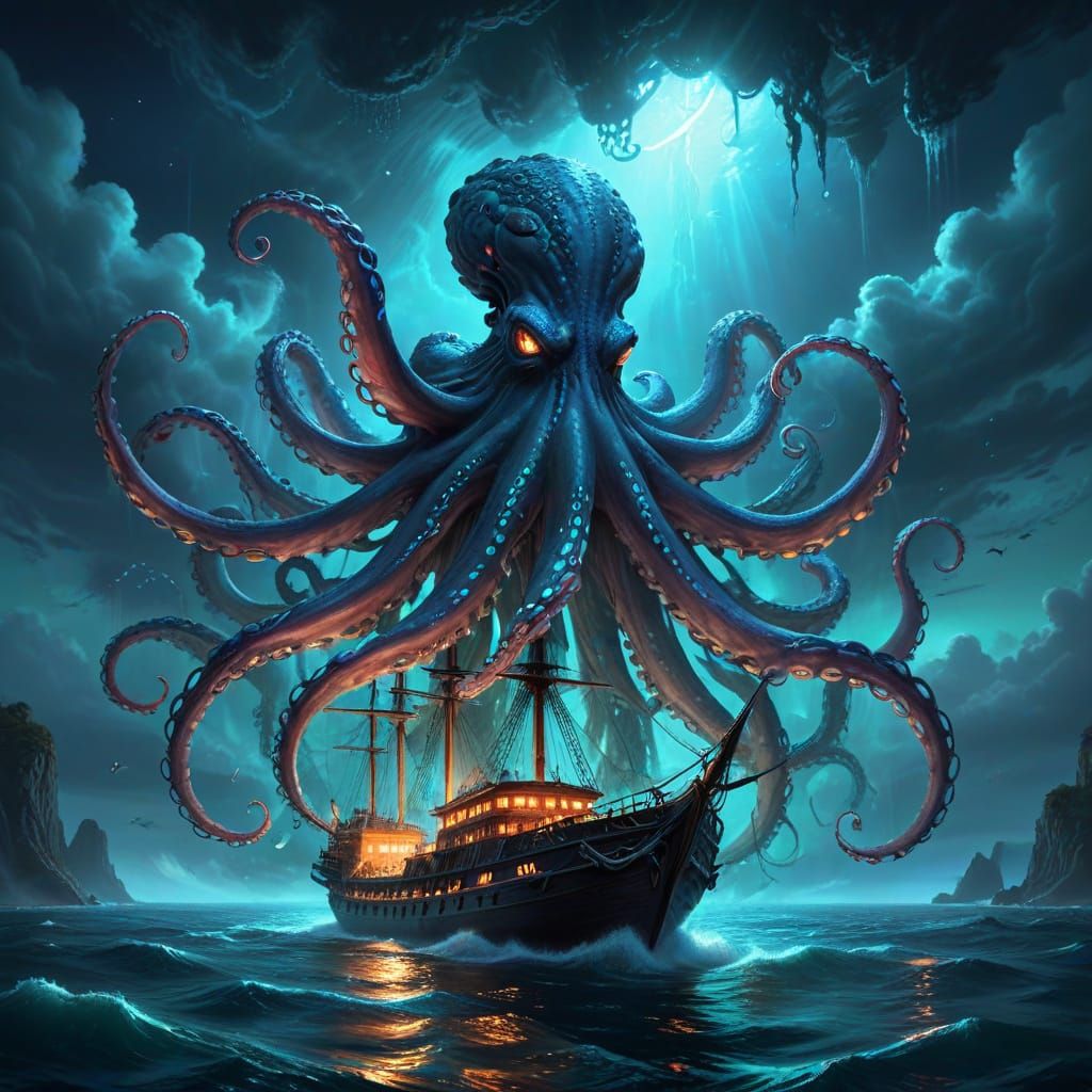 Giant Bioluminescent Octopus Attacks Ship in Surreal Fantasy...
