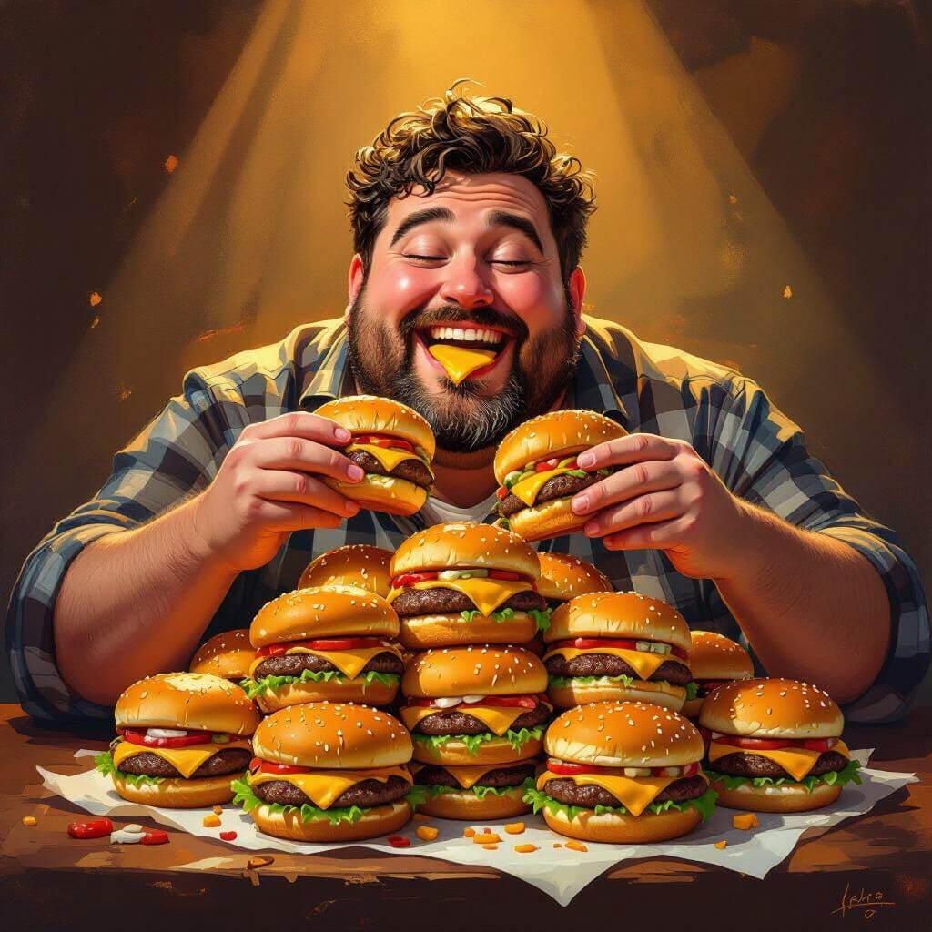 Joyful Man Indulges in Cheeseburgers, Rich Digital Painting