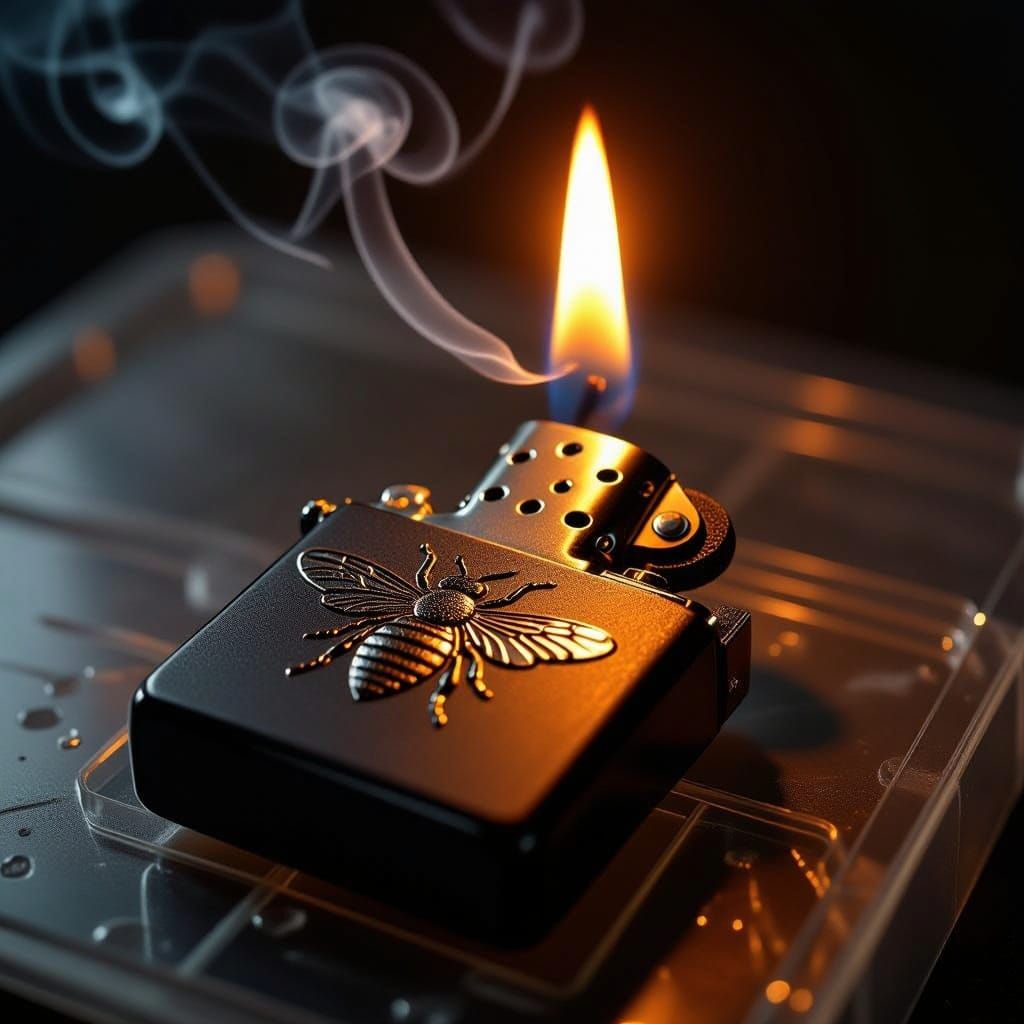 Sleek Black Zippo Ignites Cigarette in Hyperrealistic Detail