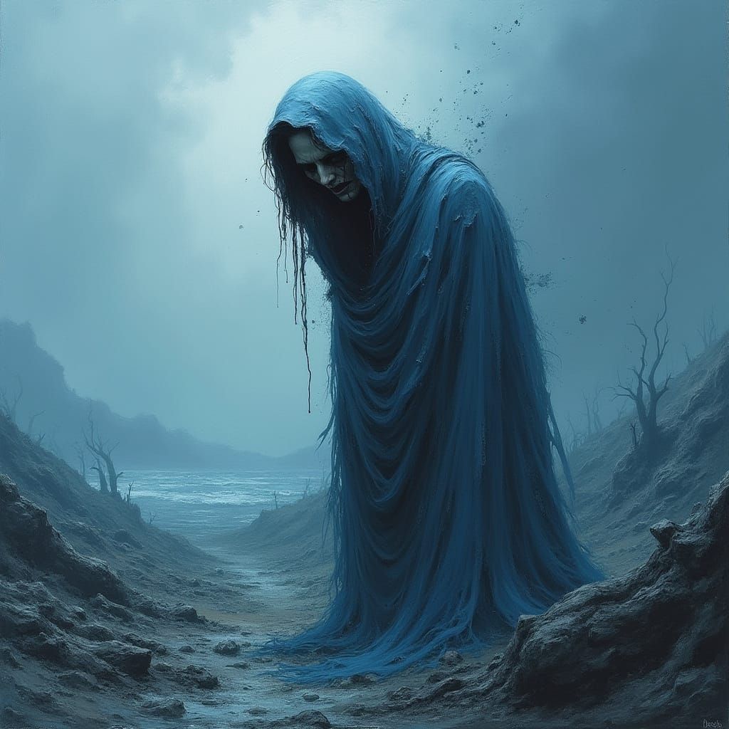 Sorrowful Figure in Stormy Landscape