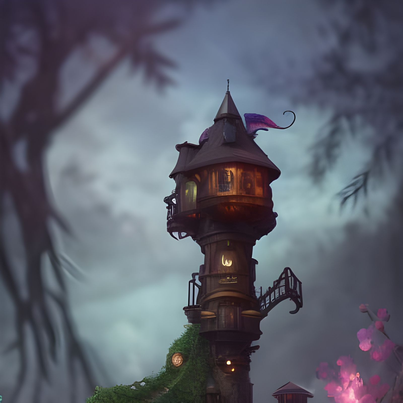 Steampunk Castle Treehouse: Detailed Matte Painting
