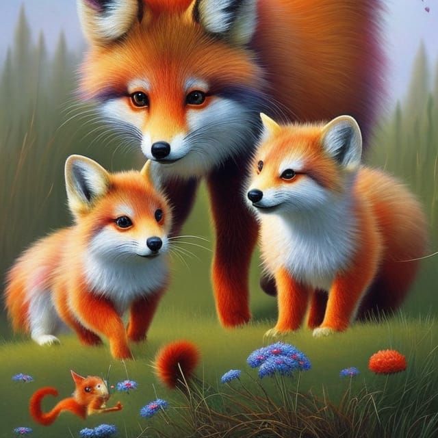Whimsical Foxes Playing in a Sunlit Field