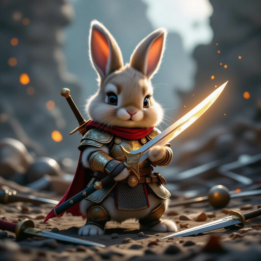 Fluffy Bunny Warrior Stands Defiant on Battlefield
