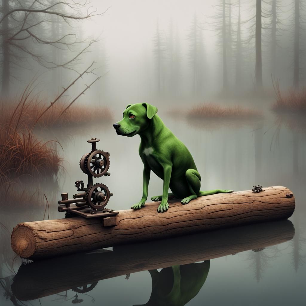 Dog on Log Selling Cogs in Foggy Bog