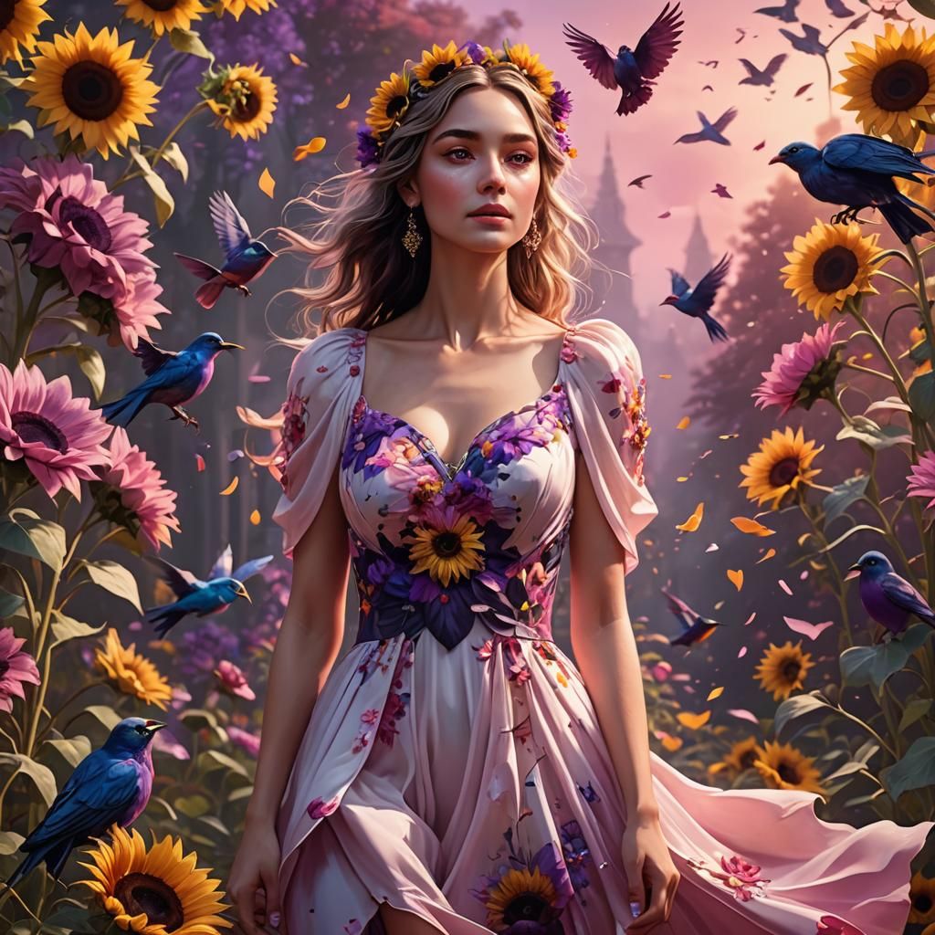 stylized Whimsical realistic beautiful woman, flowing, pink opalesque dress, deep purple and pink sunflowers, heart-shap...