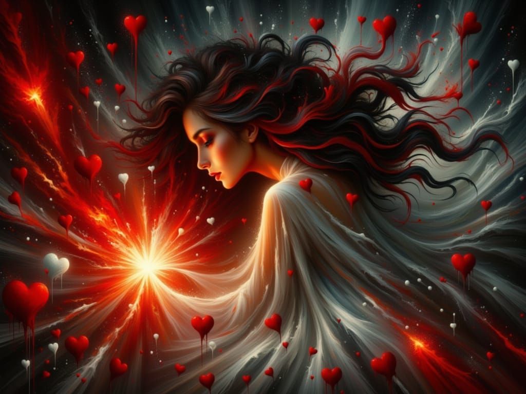 Woman Reassembling Glowing Heart in Dramatic Lighting