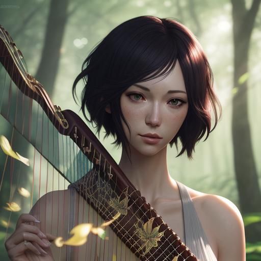 Giraffe Harpist in Vibrant Forest