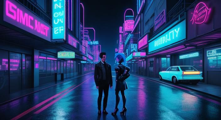 Synthwave Neon Retro Cityscape with Figures