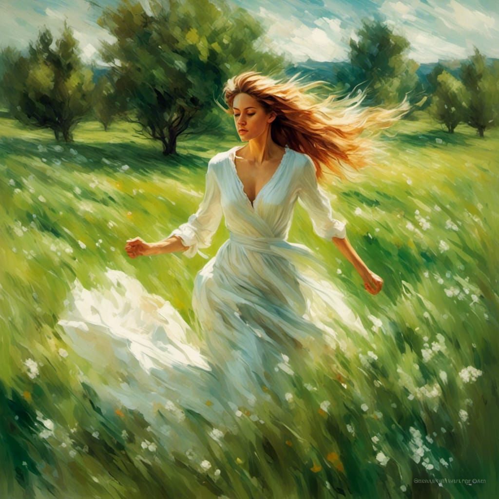 Impressionist Woman in Meadow Painting
