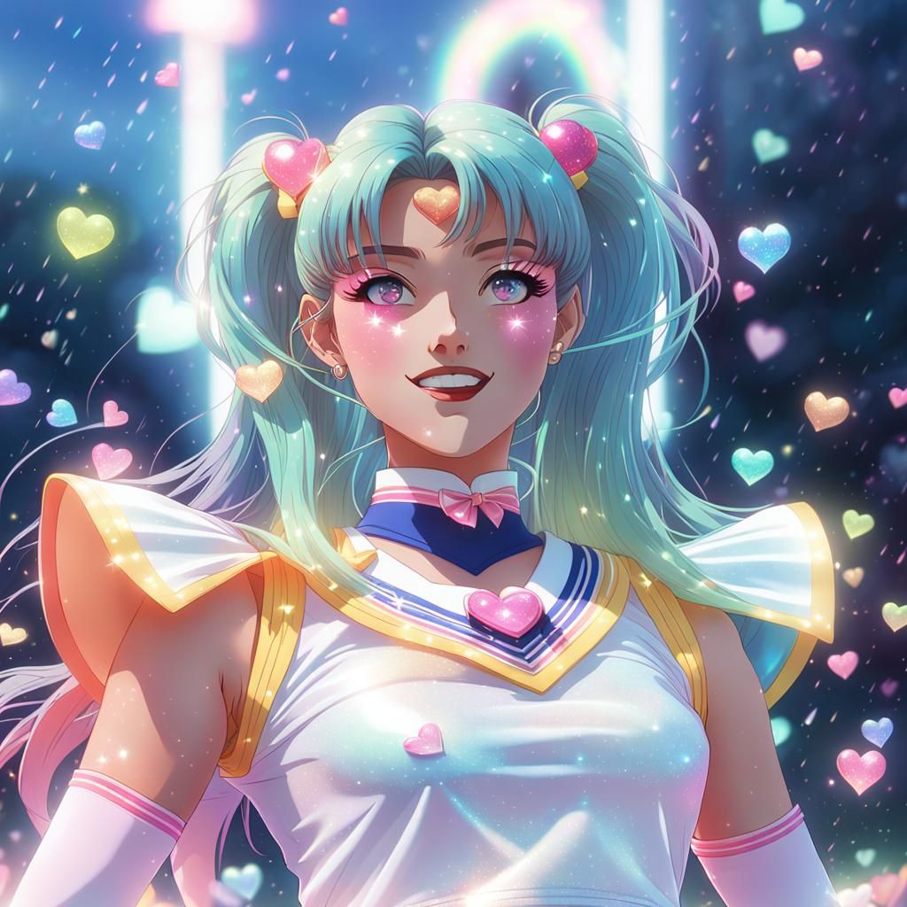 80s Anime Sailor Scout in Rainbow Heart Shower