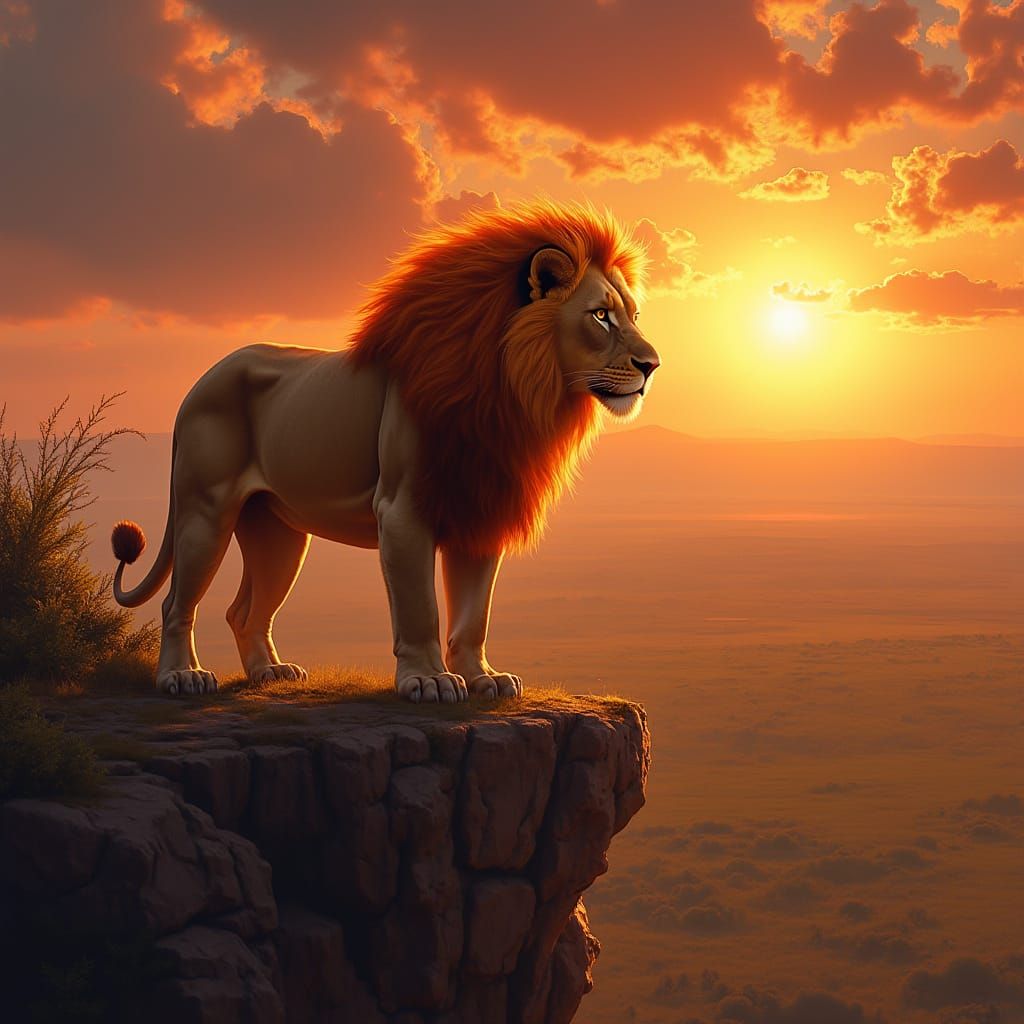 Lion with Fiery Mane Overlooking Savanna
