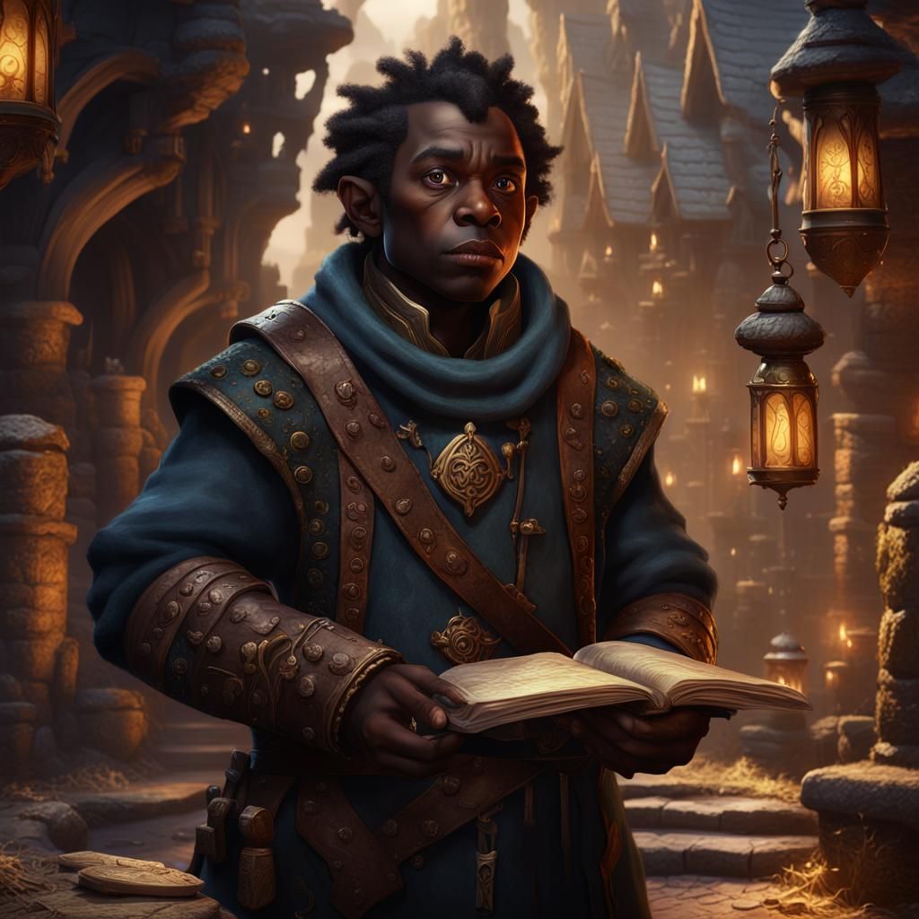 Dark Fantasy Halfling Merchant in Splendid Scrolls