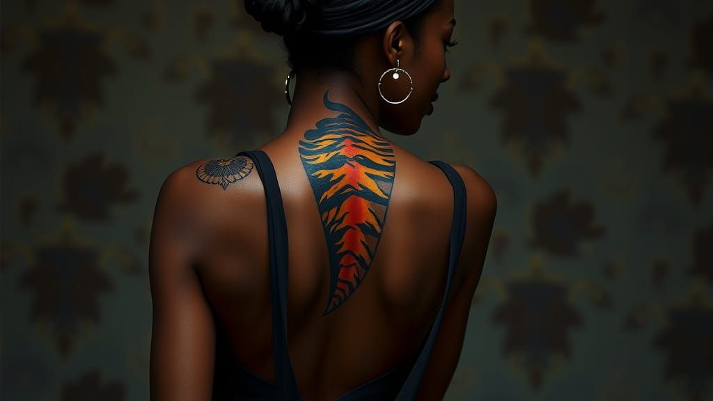 Exotic Dark Skinned Woman Reveals Tiger Tattoo in Hyperreali...