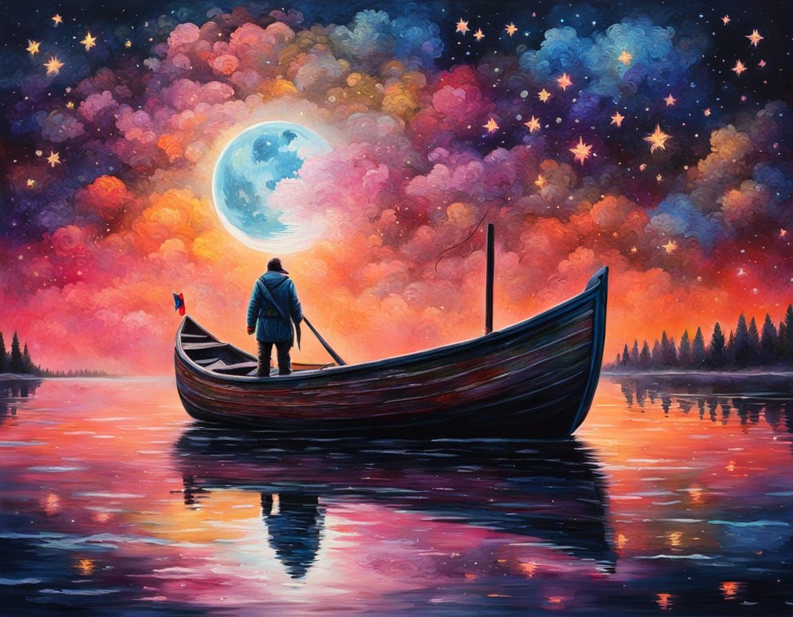 Lone Wolf Sailing Under Moonlight: Oil Painting