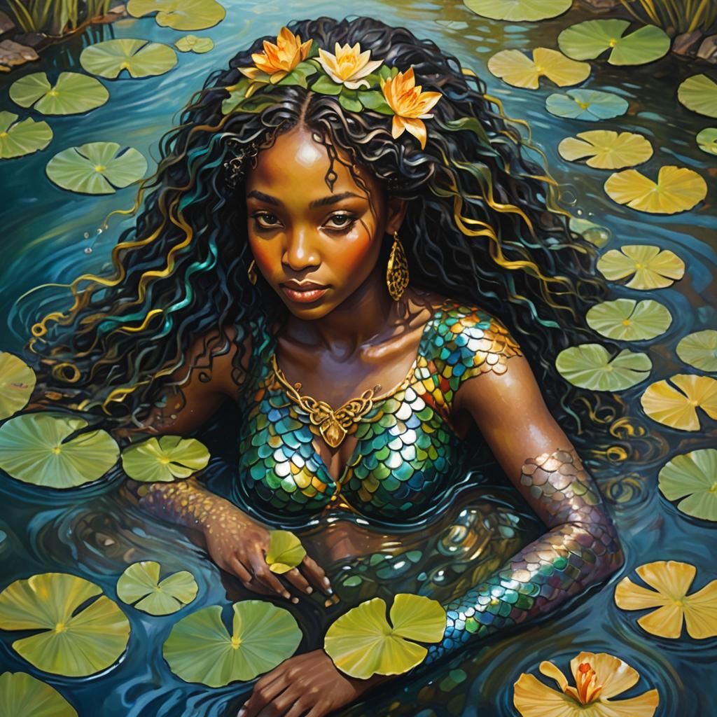 African Mermaid Nymph in Surrealist Oil Painting