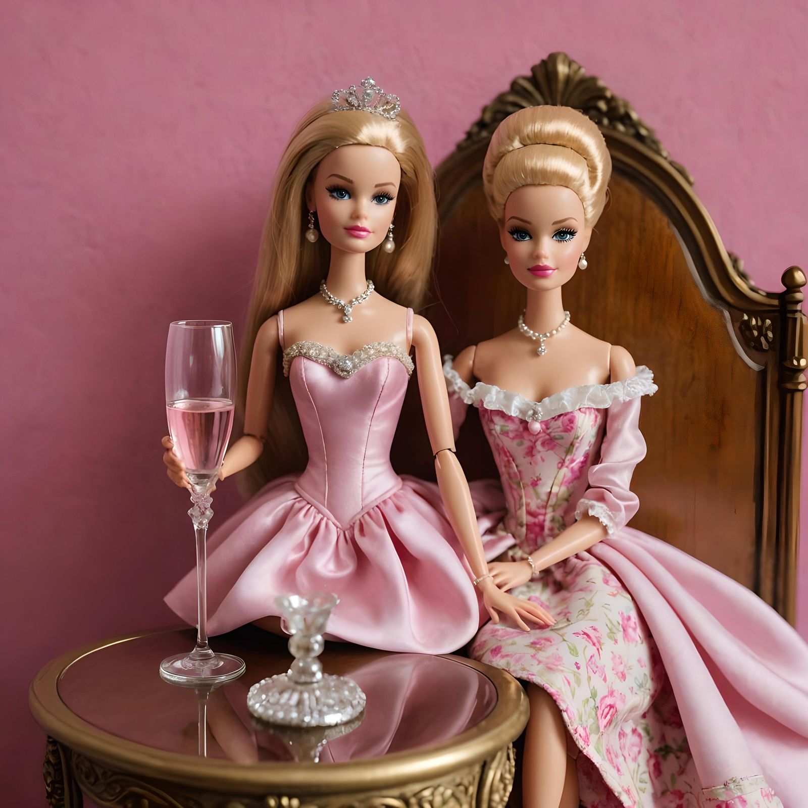 Barbie dolls in a pink room 1700s  style