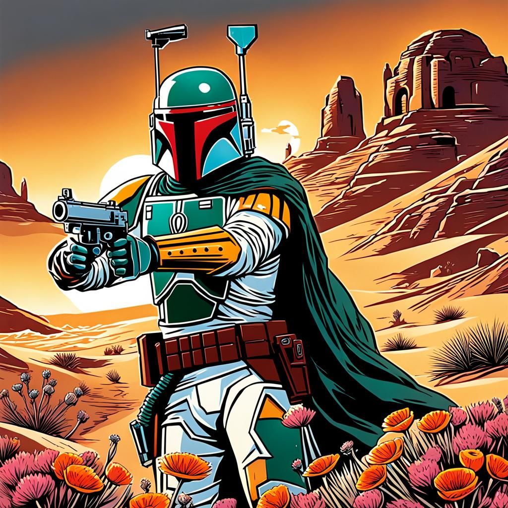 Boba Fett Among Desert Flowers in Comic Book Art