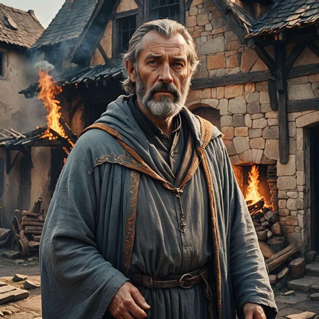 Medieval Man Before Burning Farmhouse in Fantasy Art