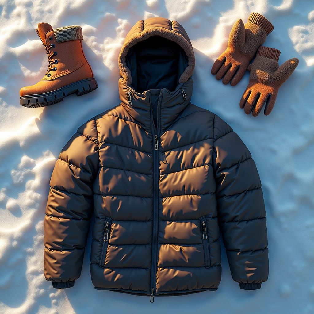 Luxurious Winter Gear Flat Lay in Soft, Golden Light