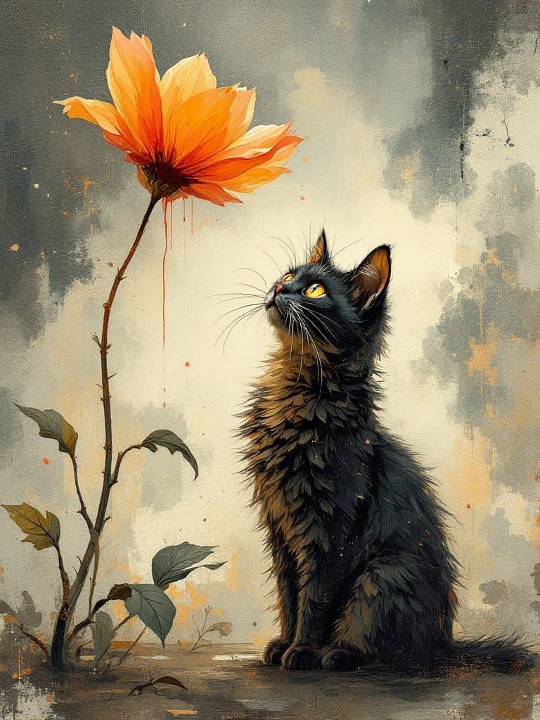 Golden Bloom and Curious Black Cat in Gentle Haze