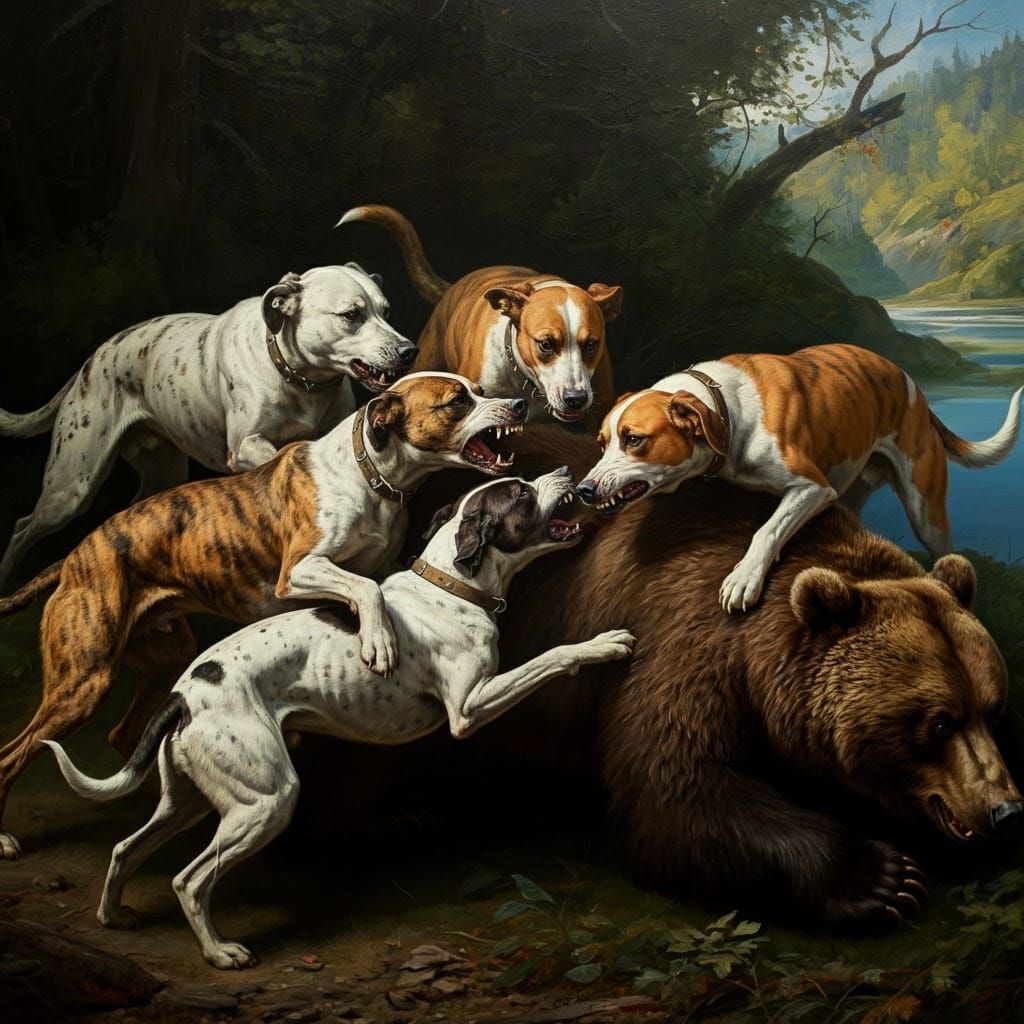 Dramatic Oil Painting of Dogs Attacking a Bear in a Dark For...