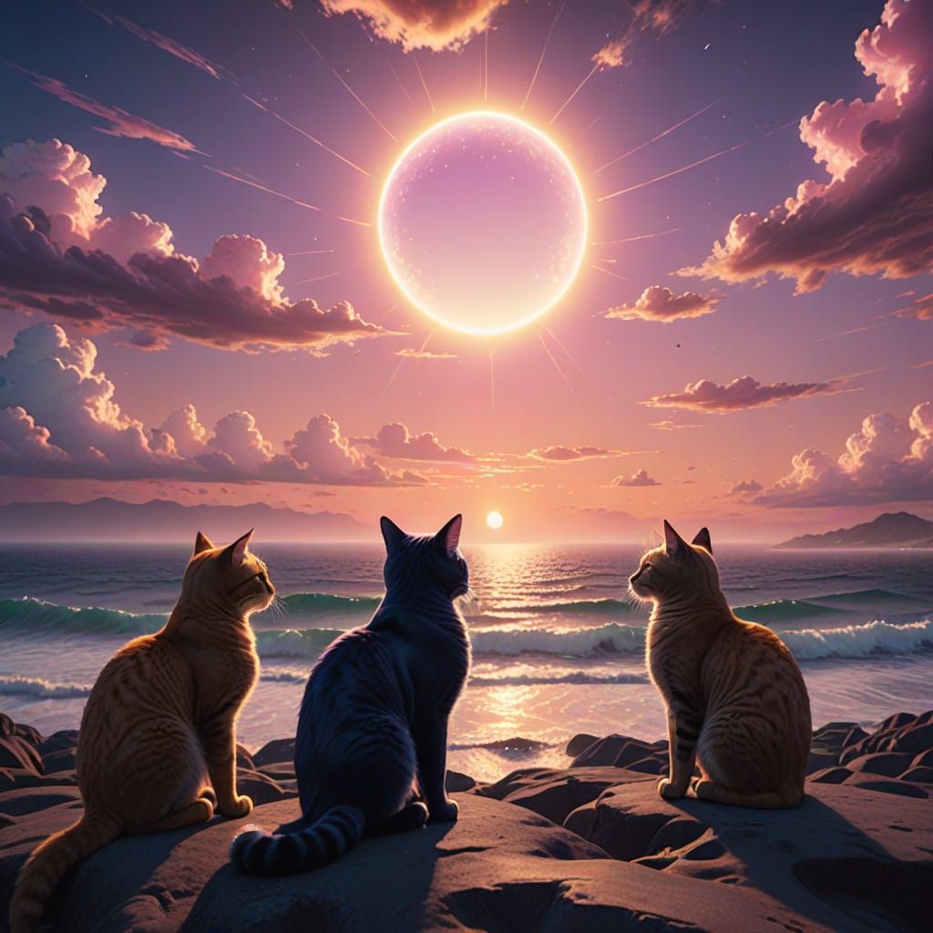 Mystical Cats Meditate in Sunset Harmony