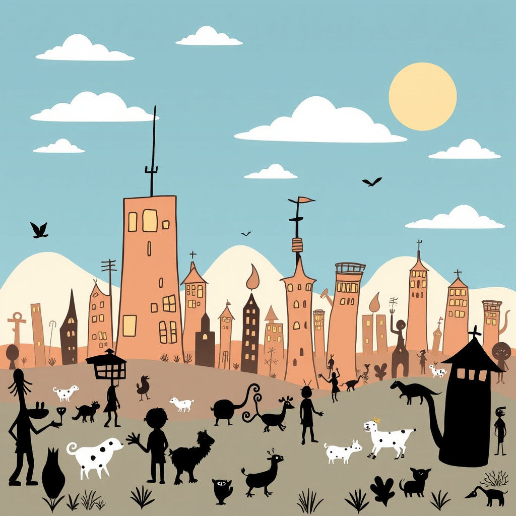 Doodle Landscape with Wacky Buildings and Silhouettes