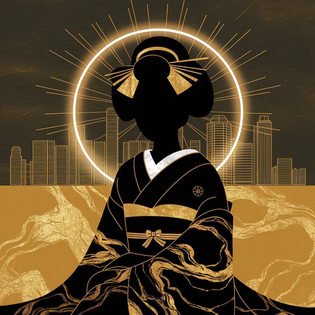 Modern Maiko Silhouette with Gold Marbling Art