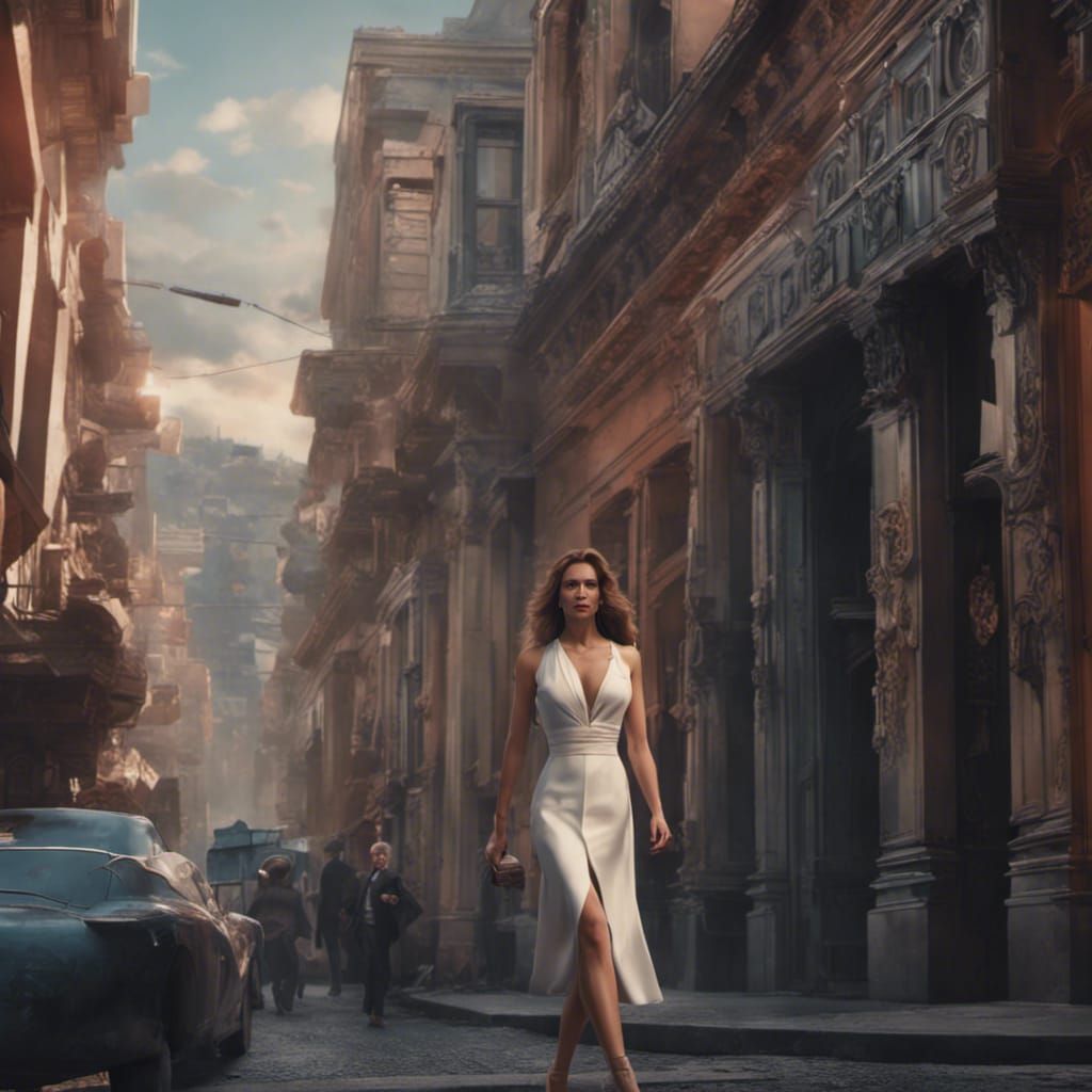 Woman Walking Down Street: Digital Matte Painting