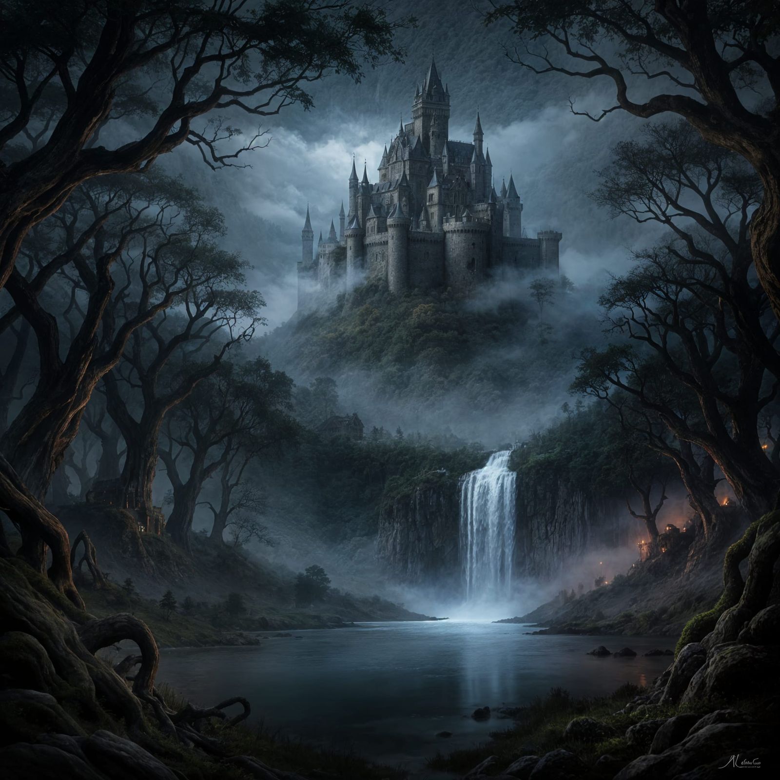 Mysterious Castle Hidden in Misty Landscape with Ancient For...