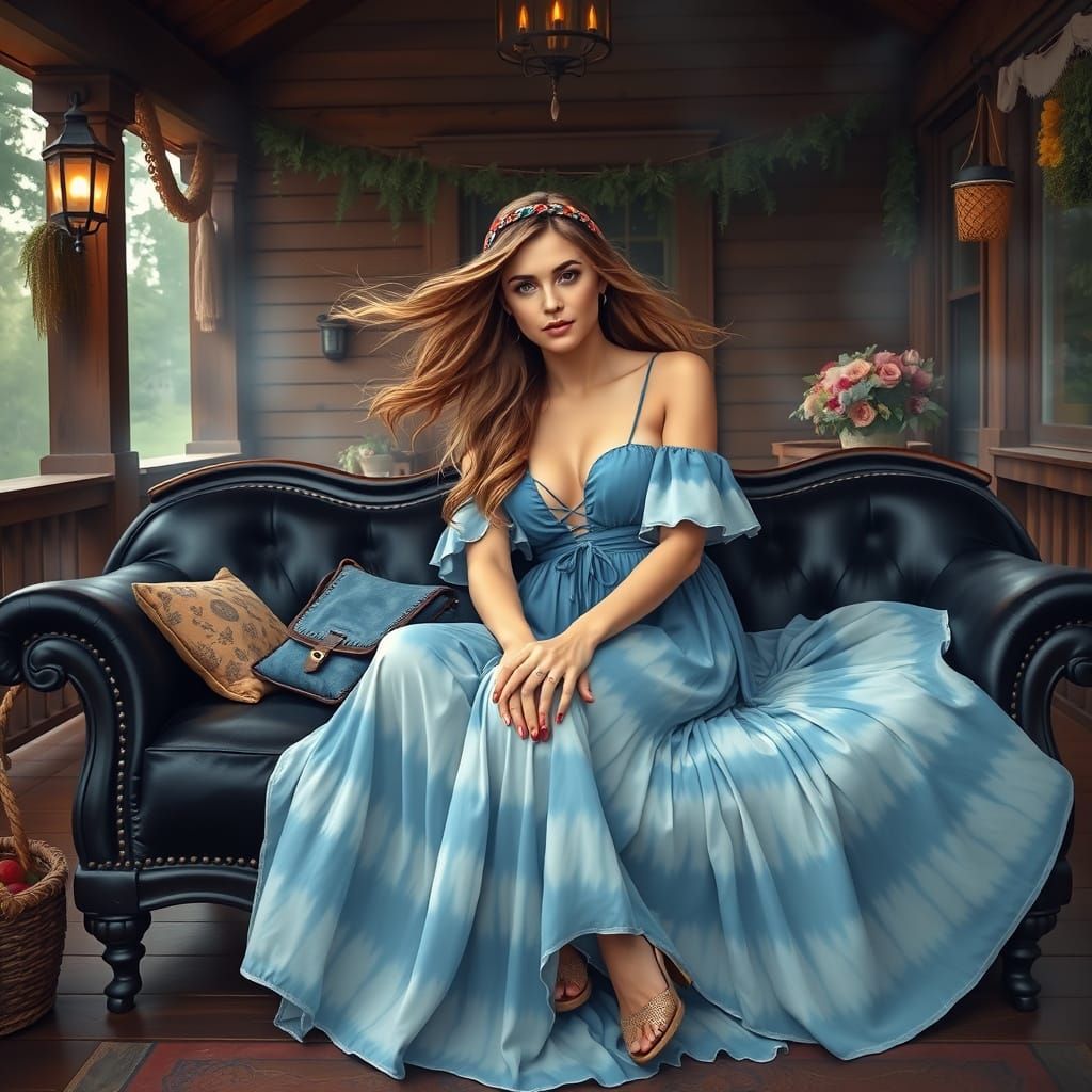 Bohemian Woman on Porch in Dreamlike Setting