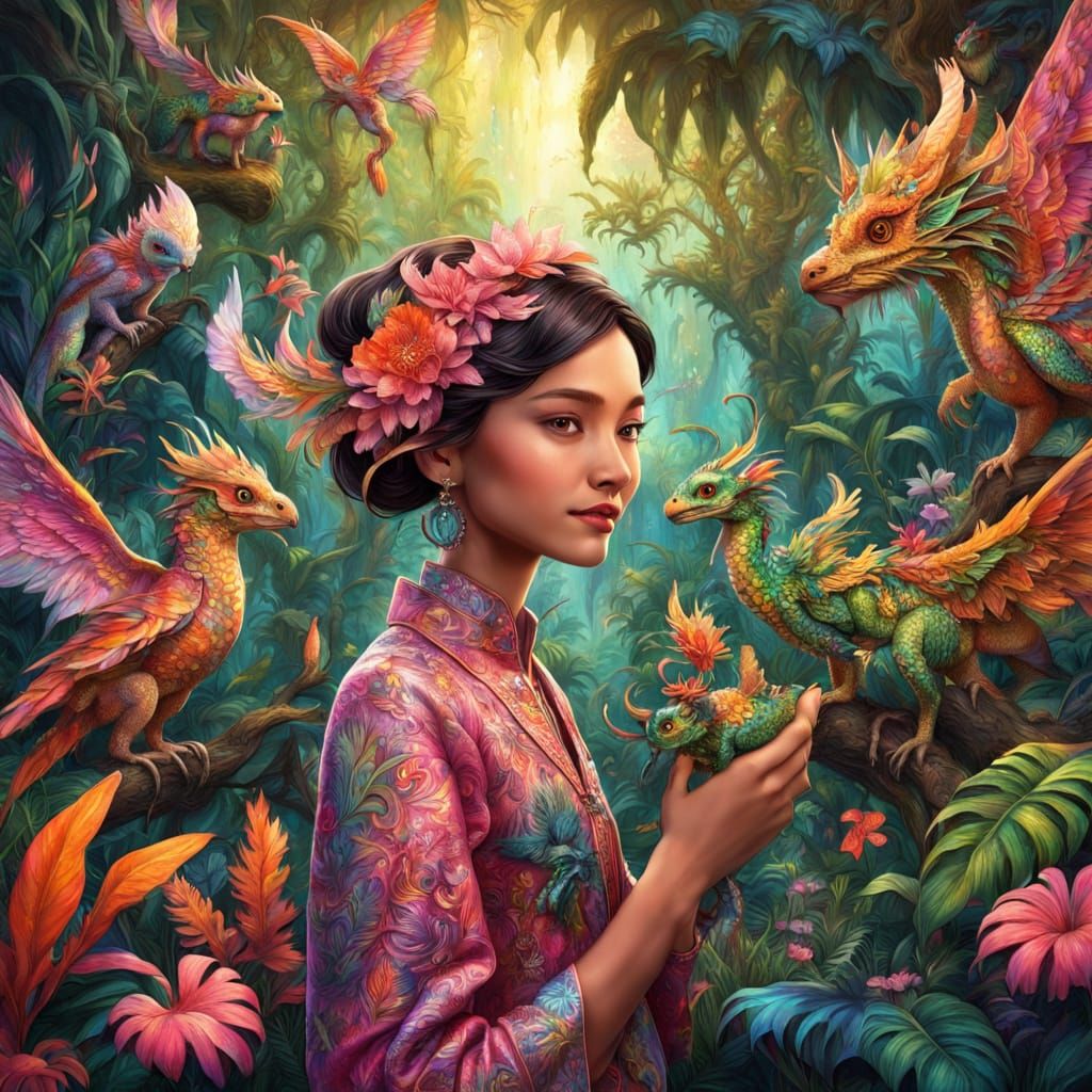 Whimsical Fantasy Sprite Holds Mini Dragon in Vibrant Jungle