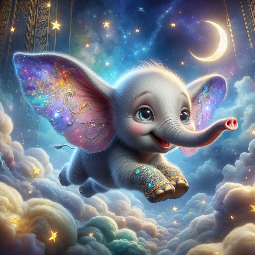 Baby Elephant Flying Through Starry Night Sky