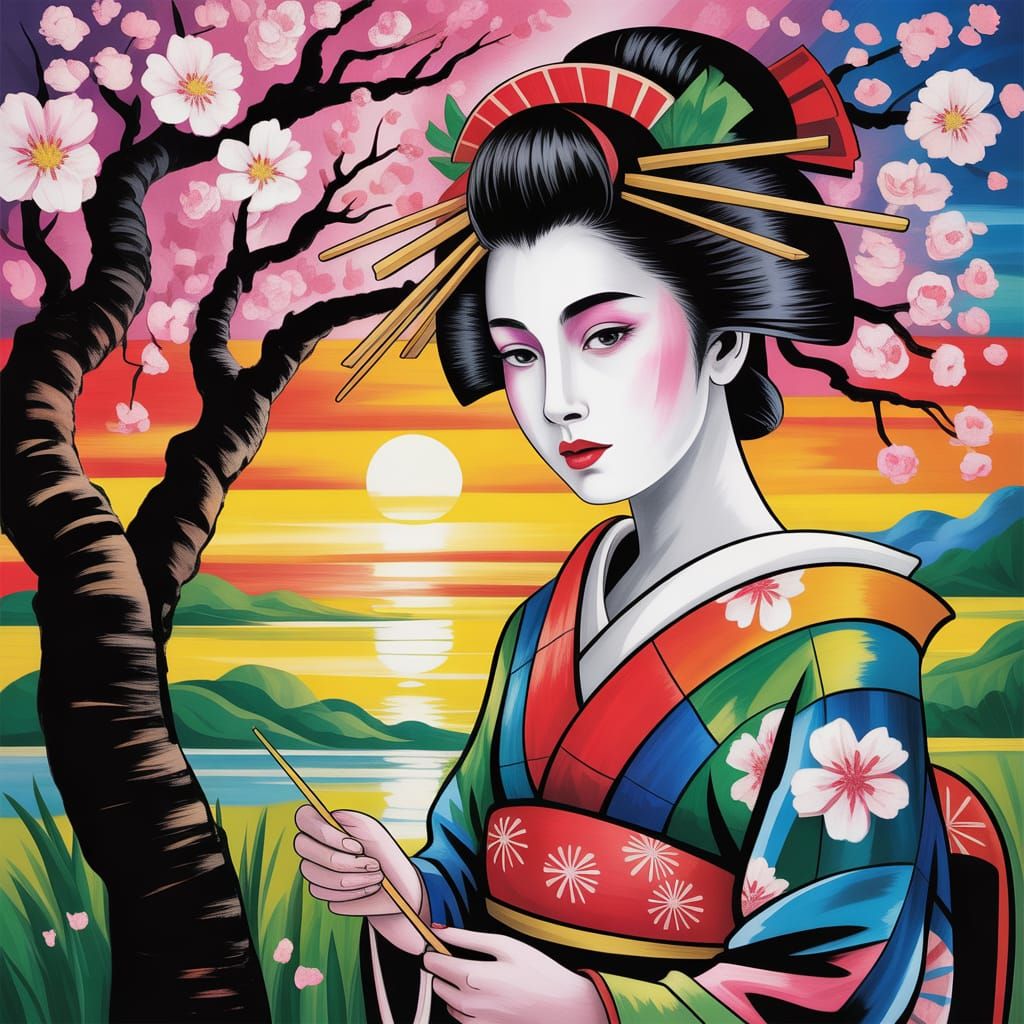 Geisha Under Blossom Tree at Sunset, Cubism Style