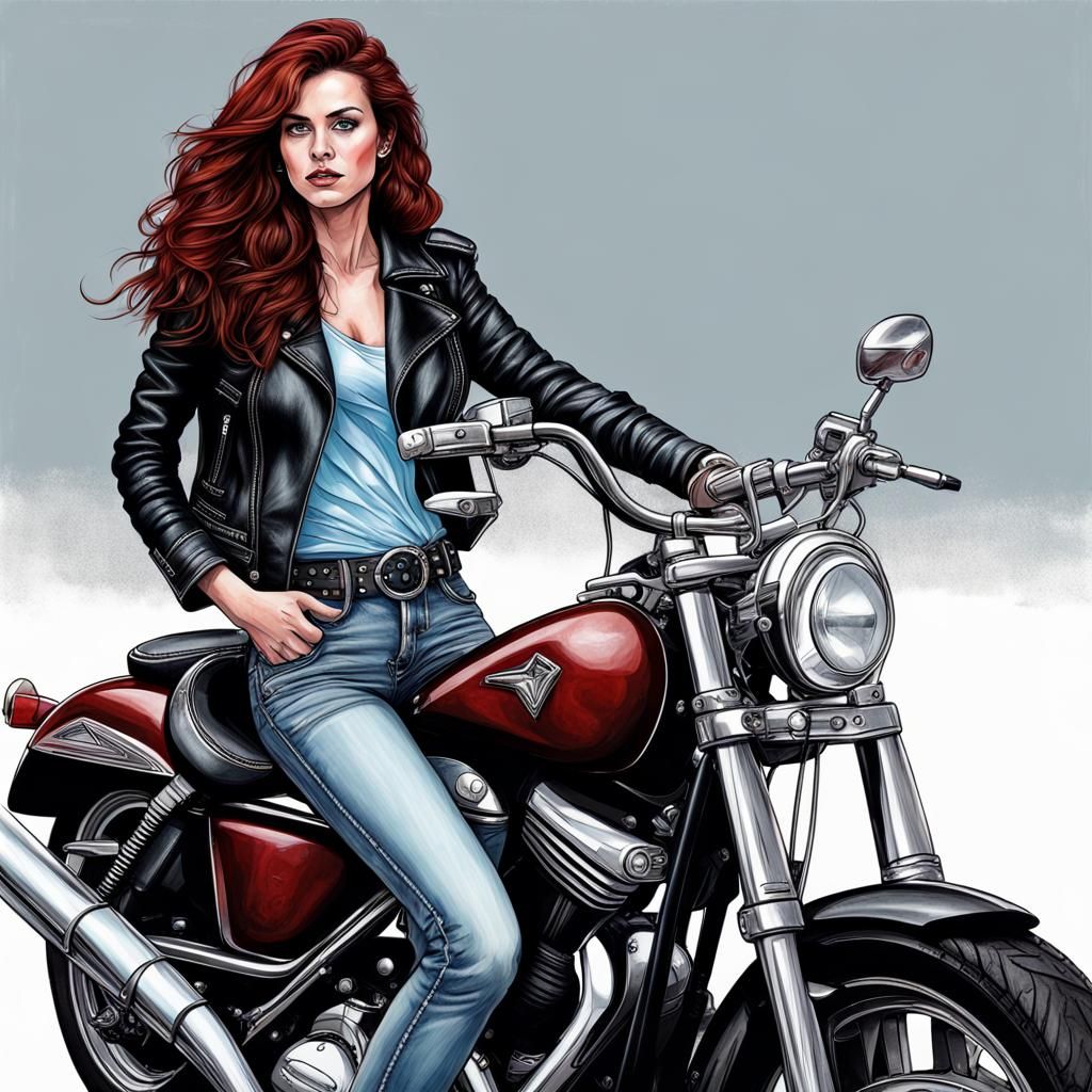 Woman in Leather Jacket Posing on Motorcycle